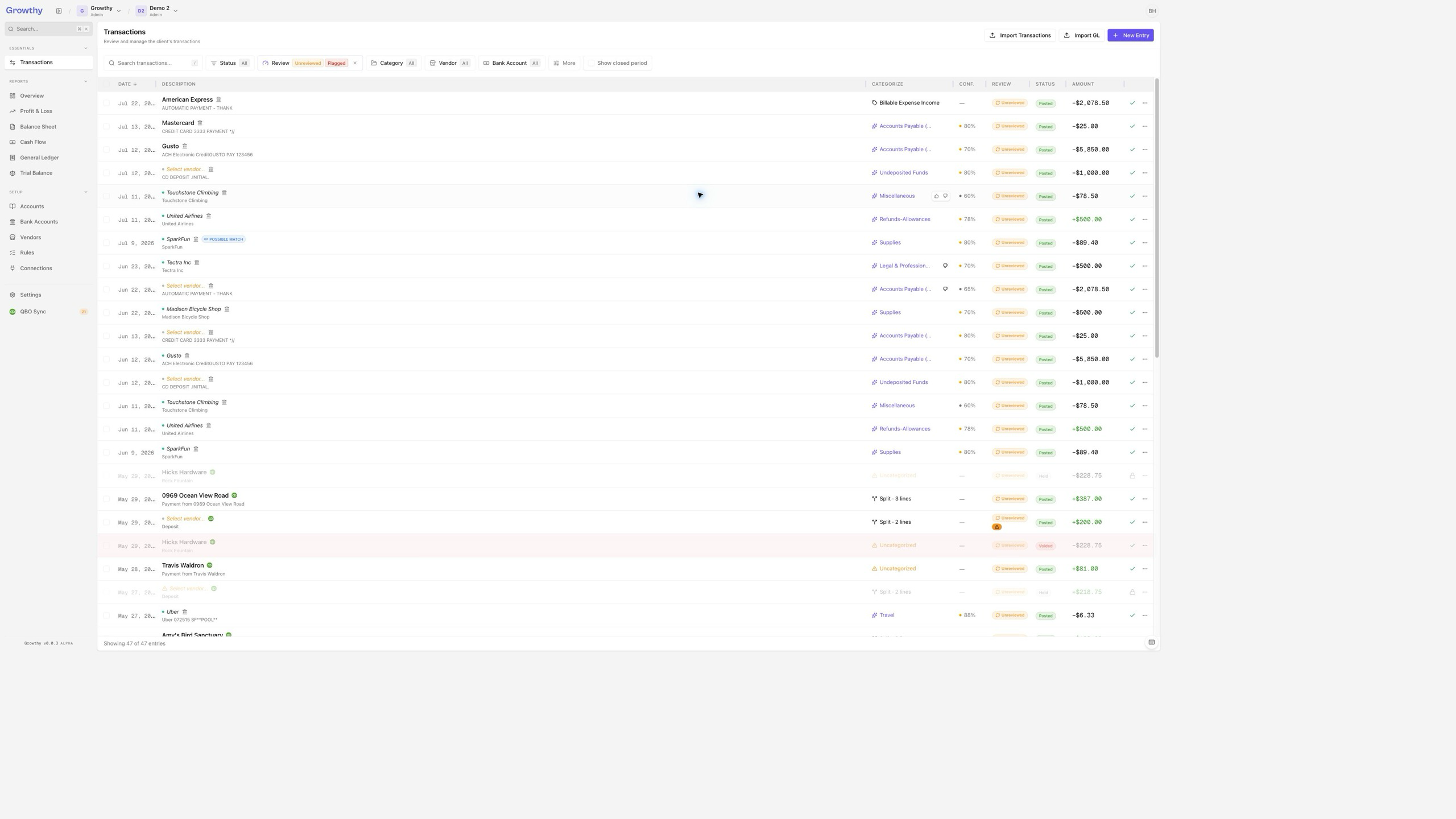 Growthy Transactions workspace showing synthetic month-end entries waiting for review