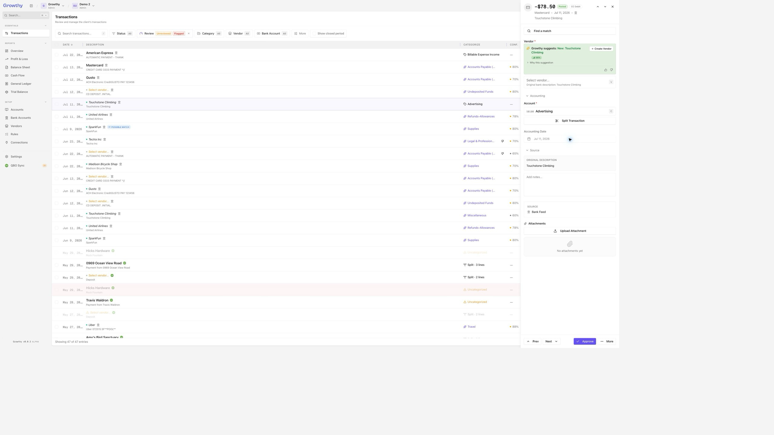 Growthy transaction drawer showing a bookkeeper correcting the account for a synthetic transaction